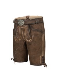 Shorts en cuir marron avec des broderies de feuilles détaillées, une boucle de ceinture en argent décorative et des accents à lacets au niveau de l'ourlet.