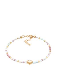 Armband med pärlor i pastellfärger i rosa, grön och blå, med en hjärtformad berlock i guld och gyllene detaljer, justerbar kedja.