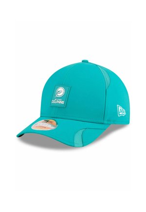 Turquoise cap featuring a Miami Dolphins logo patch, curved brim, textured side panels, and a fitted design for comfortable wear.