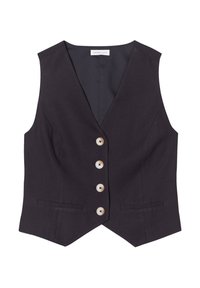 Gilet sans manches foncé avec un col en V, cinq boutons de couleur claire à l'avant et deux poches devant, confectionné dans un tissu texturé.