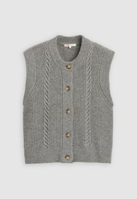 Gilet en maille grise avec un col rond, des manches courtes et des boutons. Il présente une texture côtelée et des motifs de tricot en relief sur le devant.