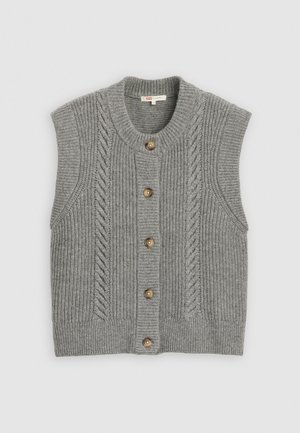 Grauer gestrickter Weste mit runder Ausschnitt, kurzen Ärmeln und Knopfverschluss. Verfügt über ein geripptes Textur und Zopfmuster entlang der Vorderseite.