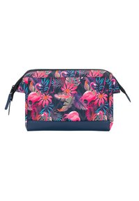 Cosmetictas met flamingo-patroon met een marineblauwe basis, voorzien van levendige roze, groene en blauwe tropische prints. Met ritssluiting. Duurzaam materiaal.