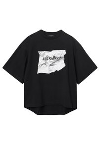 T-shirt nera oversize in cotone con un design grafico bianco stropicciato e testo che presenta "ALL SAINTS" e "LONDRA" sulla parte anteriore.
