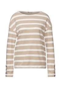 Beige und weiß gestreiftes Langarmoberteil mit einem Boot-Ausschnitt und Knopfakzenten an den Bündchen, aus weichem, strukturiertem Stoff gefertigt.