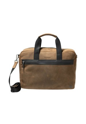 Borsa a tracolla in pelle marrone con dettagli in nylon nero, doppie maniglie superiori, tracolla removibile e tasca frontale con zip. Design semplice e rettangolare.