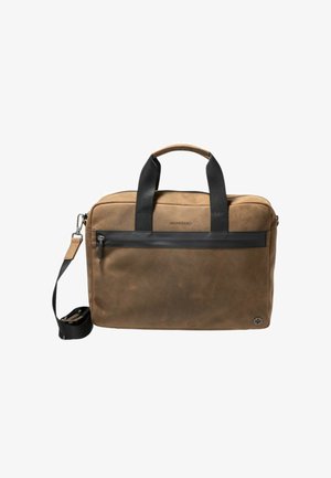 Borsa a tracolla in pelle marrone con dettagli in nylon nero, doppie maniglie superiori, tracolla removibile e tasca frontale con zip. Design semplice e rettangolare.