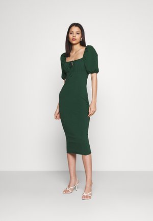 CARE PUFF SHORT SLEEVED MIDI DRESSES WITH SQUARE NECKLINE - Jerseykjole - forest green