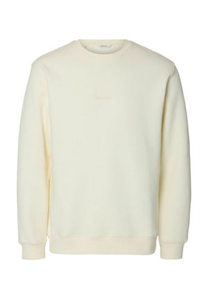 Crème-kleurige sweatshirt van zacht materiaal met een ronde hals en geribbelde manchetten. Kenmerkt zich door subtiele branding op de borst.