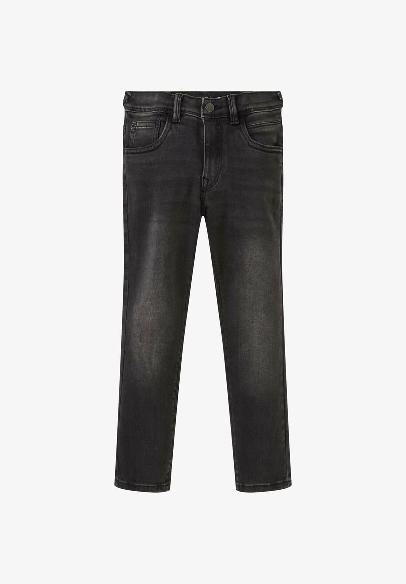 Jean en denim noir délavé avec bouton à l'avant, passants de ceinture et poches avant et poche monnaie visibles, présenté sur fond blanc.
