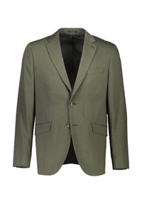 Olijfgroene blazer met een getextureerde afwerking, enkelvoudig gekleed ontwerp, met notch-lapels, twee voorzakken en zilveren knopen. Gevoerde binnenkant.