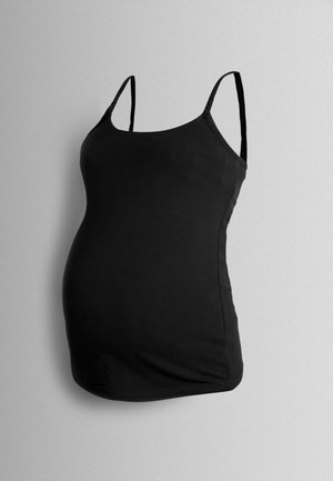 Black maternity tank top made from soft fabric, featuring thin adjustable straps and a fitted shape designed to accommodate a growing belly.