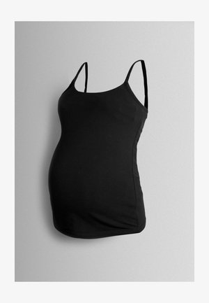 Black maternity tank top made from soft fabric, featuring thin adjustable straps and a fitted shape designed to accommodate a growing belly.