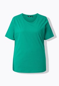 T-shirt uni bleu sarcelle à manches courtes avec col rond, coupe décontractée, présenté à plat sur fond blanc.