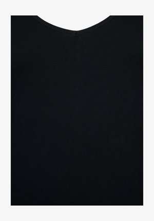 Black ribbed tank top featuring a V-neckline. The fabric is soft and stretchy, providing a close-fitting silhouette.