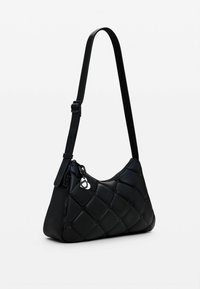 Black leather shoulder bag with a quilted design. Features a long adjustable strap and a small silver hardware detail on the zipper.