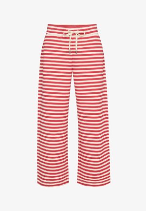 Páskové široké kalhoty v červené a krémové barvě, s elastickým pasem a šňůrkou, hladkým materiálem a volným střihem.
