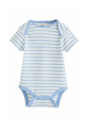 Light blue and white striped short-sleeve bodysuit made of soft cotton, featuring snap closures at the bottom and round neckline.