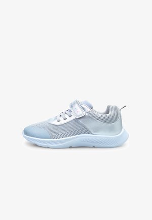 Light blue athletic shoe with mesh and synthetic leather upper, textured accents, lace-up and Velcro strap closure, rubber sole.