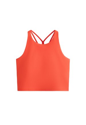 Bralette sportivo arancione brillante con una texture liscia, dotato di design racerback e doppio dettaglio delle spalline sul retro.