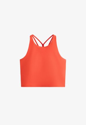 Bralette sportivo arancione brillante con una texture liscia, dotato di design racerback e doppio dettaglio delle spalline sul retro.