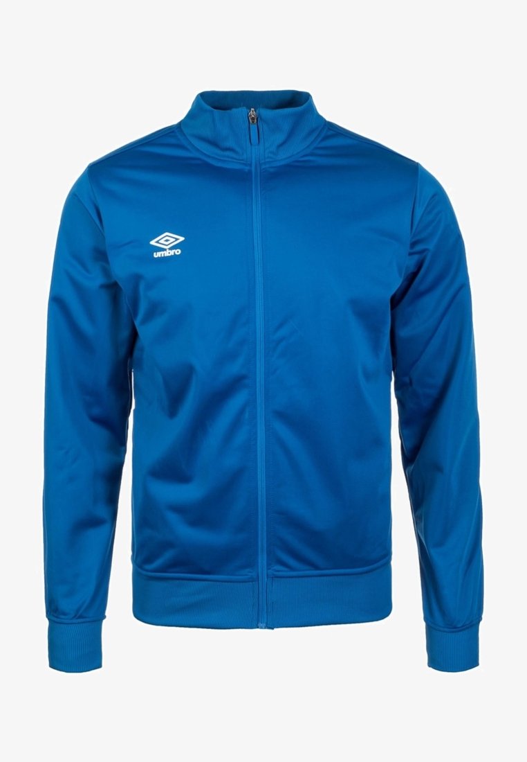 Veste de survêtement bleue en tissu lisse et léger. Dotée d'un col haut, d'une fermeture éclair intégrale, de manches côtelées et d'un logo brodé.