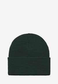Ciemnozielona, dzianinowa czapka beanie, miękka w dotyku, okrągła na górze i z podwiniętym brzegiem. Prosty design bez widocznych wzorów czy ozdobień.