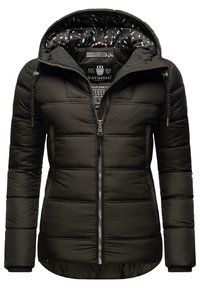 Svart vadderad jacka med dragkedja fram, snörning på huvan och ribbade ärmslut. Har kviltad textur och ett mönstrat foder.