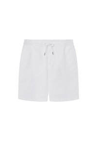 Shorts de bain blancs en tissu léger, avec une taille élastique munie d'un cordon de serrage et deux poches latérales. Design simple et épuré.