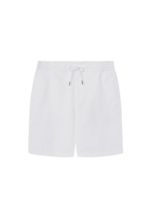 Pantaloni da nuoto bianchi realizzati in tessuto leggero, dotati di una vita elastica con cordoncino e due tasche laterali. Design semplice e pulito.