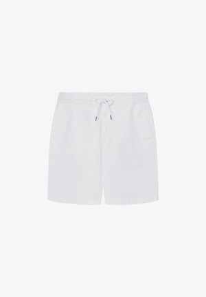 Pantaloni da nuoto bianchi realizzati in tessuto leggero, dotati di una vita elastica con cordoncino e due tasche laterali. Design semplice e pulito.