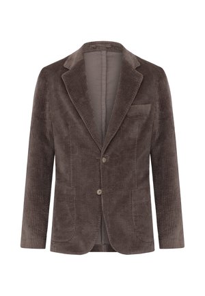 Blazer de pana marrón con solapa de muesca, dos botones y un bolsillo en el pecho izquierdo. Tejido texturizado con estrías verticales.