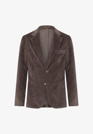 Brown corduroy blazer featuring a notched lapel, two buttons, and a left chest pocket. Textured fabric with vertical ribbing.