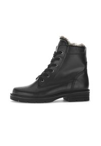 Zwarte leren enkelboots met een gladde textuur, vetersluiting en nep bontvoering bij de kraag. Stevige rubberen zool voor grip.