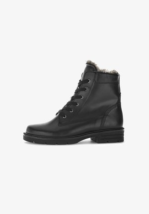 Black leather ankle boots with a smooth texture, lace-up design, and faux fur lining at the collar. Sturdy rubber sole for grip.