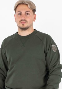 Felpa verde oliva con scollo rotondo, polsini a coste e una patch testurizzata sulla manica sinistra con un logo.