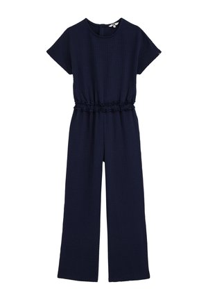Tmavomodrý overal s krátkym rukávom, okrúhlym výstrihom, elastickým pásom a širokými nohavicami.