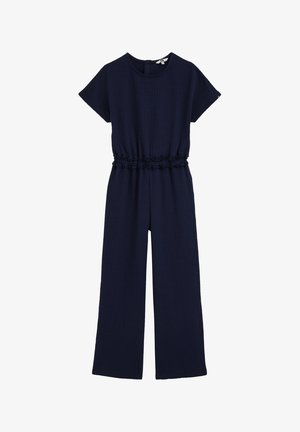 Tamsiai mėlynas trumpomis rankovėmis kombinezonas su apvalia iškirpte, elastine surišta juosmeniu ir plačiomis kelnėmis.