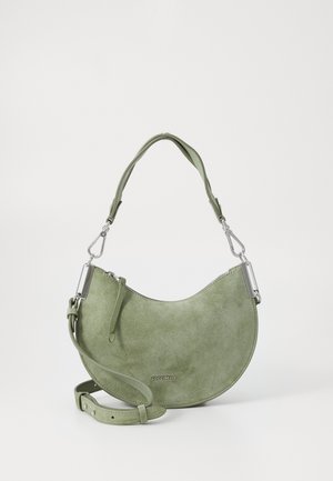 Green suede shoulder bag with a curved shape, silver hardware accents, and an adjustable strap. Features a zip closure and brand logo detail.