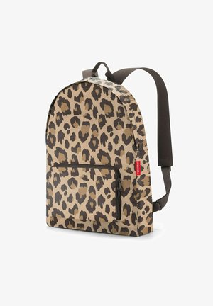 Beige und brauner Rucksack mit Leopardenmuster in runder Form, Reißverschlusstasche auf der Vorderseite und verstellbaren braunen Trägern. Strukturiertes Material.