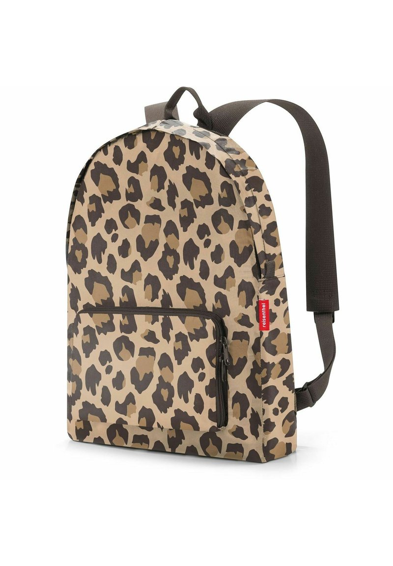 Leopard-print backpack in beige and brown with a rounded shape, zipper pocket on front, and brown adjustable straps. Textured fabric.