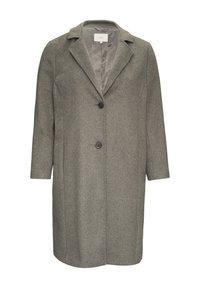 Grijze wollen jas met een notch-kraag, enkelzijdige knoopsluiting en twee zijzakken. Gladde binnenvoering. Middenlange stijl.