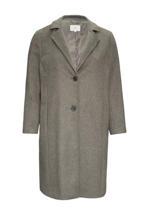 Gray wool coat with a notched collar, single-breasted button closure, and two side pockets. Smooth inner lining. Mid-length design.