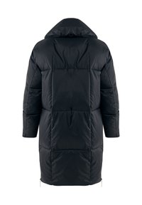 Czarna kurtka puchowa z wysokim kołnierzem, pikowanym designem i długimi rękawami. Posiada zasuwane boczne kieszenie oraz luźny krój.