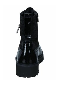 Bottines noires avec une finition laquée brillante, fermeture éclair, accents texturés sur les côtés et semelle robuste pour une meilleure adhérence.