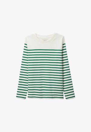 T-shirt blanc à manches longues avec des rayures horizontales vertes. Matière en coton doux avec un col rond et une coupe décontractée.