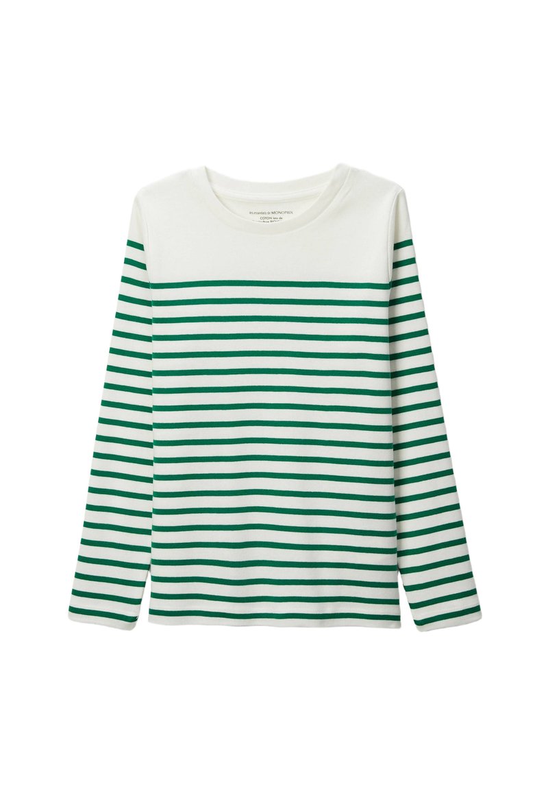 T-shirt blanc à manches longues avec des rayures horizontales vertes. Matière en coton doux avec un col rond et une coupe décontractée.