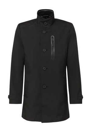 Manteau mi-long pour homme noir avec col montant, cinq boutons à l'avant, une poche poitrine verticale zippée et des brides boutonnées aux poignets.