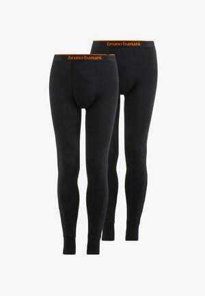 Leggings neri realizzati in un tessuto elasticizzato, con un cinturino arancione che presenta il logo "bruno banani". Il design è semplice e aderente.