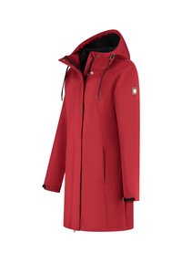 Rode waterdichte jas met rits, capuchon en zwarte accenten. Beschikt over twee voorzakken en elastische verstellingen aan de mouwen.